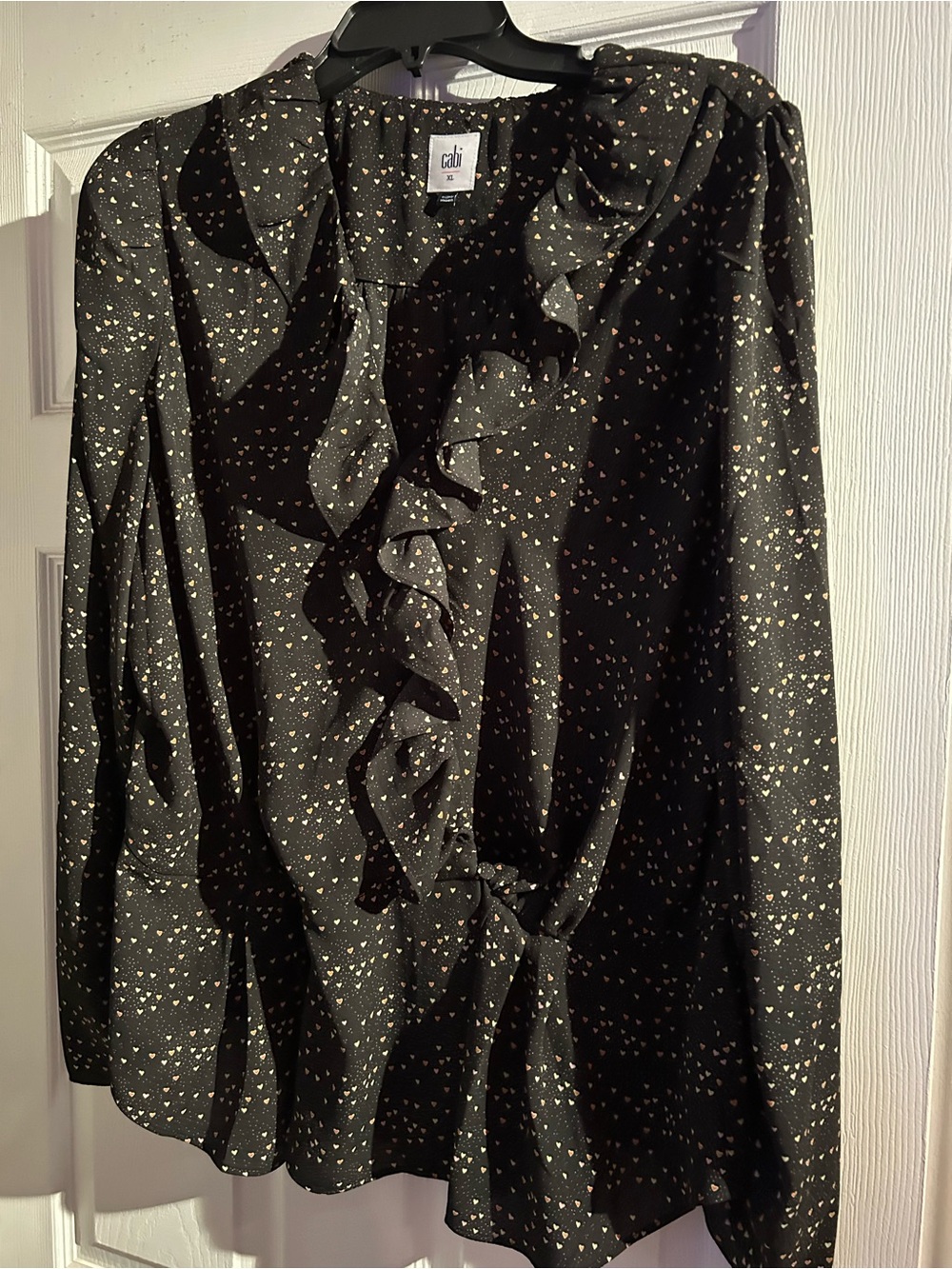 CAbi Black Ruffle-Front Men's Shirt with Tiny Heart Print